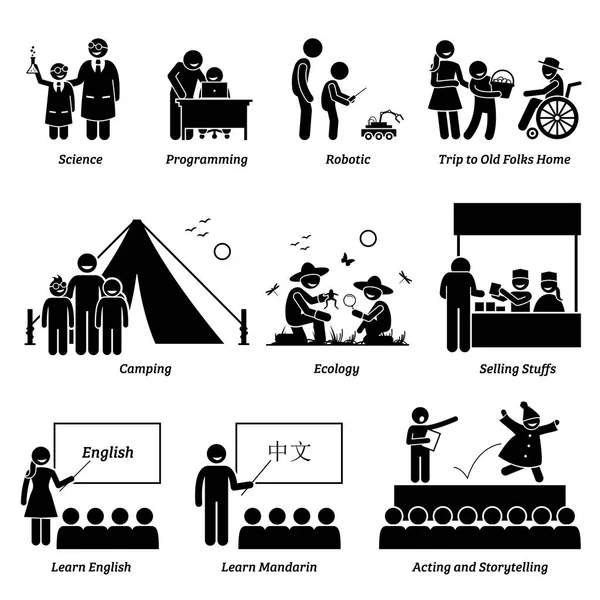 为在校学生提供丰富的学术和课外活动计划 插图描述了儿童在学校内外学习不同的教育活动 — 图库矢量图片