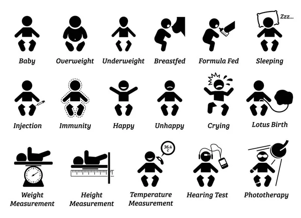 婴儿健康和医疗图标 插图描绘了具有不同体重和大小 注射和情绪的婴儿 测量婴儿体重 身高和温度 — 图库矢量图片