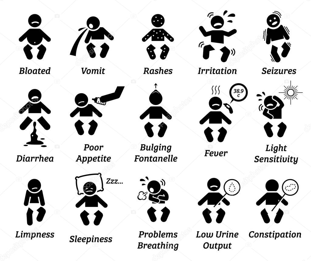 Baby illness and sickness sign and symptoms. Illustrations depict unhealthy baby infant having bloated stomach, vomit, rashes, seizure, diarrhea, fever, fussy, weakness, breathing problem, and more.