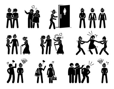 Lezbiyen kadın sosyal zorluk ve yaşam mücadelesi. İllüstrasyonlar genel reddetme, nefret ve zorbalar bakan homoseksüel erkek fatma tasvir.