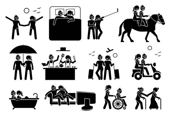 Lebensstil Und Aktivitäten Von Lesbischen Paaren Illustrationen Zeigen Schwule Oder — Stockvektor