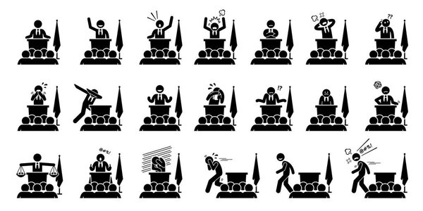 Politician, president, or prime minister actions, feelings, and emotions during his speech. Artwork depicts set of different poses and body languages by a government leader of a country.