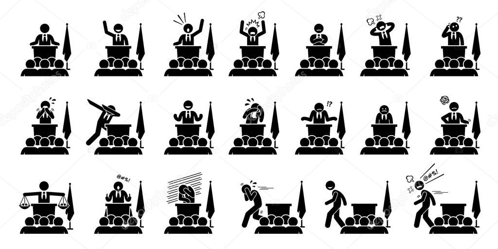 Politician, president, or prime minister actions, feelings, and emotions during his speech. Artwork depicts set of different poses and body languages by a government leader of a country.