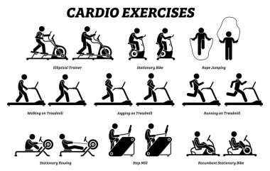Spor salonunda kardiyo egzersizleri ve fitness eğitimi. Sanat eserleri kardiyo egzersiz makinesi, eliptik eğitmen, sabit bisiklet, ip atlama, koşu bandı, step mill, sabit kürek ve recumbent bisiklet tasvir.