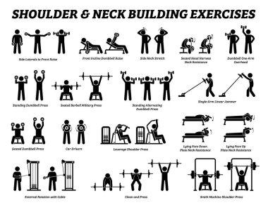 Omuz ve boyun geliştirme egzersiz ve kas geliştirme sopa rakam pictograms. Talimatlar ve adımlar ile spor salonu takım tezgahları ile omuz ve boyun için ağırlık eğitim temsilcileri egzersiz seti.