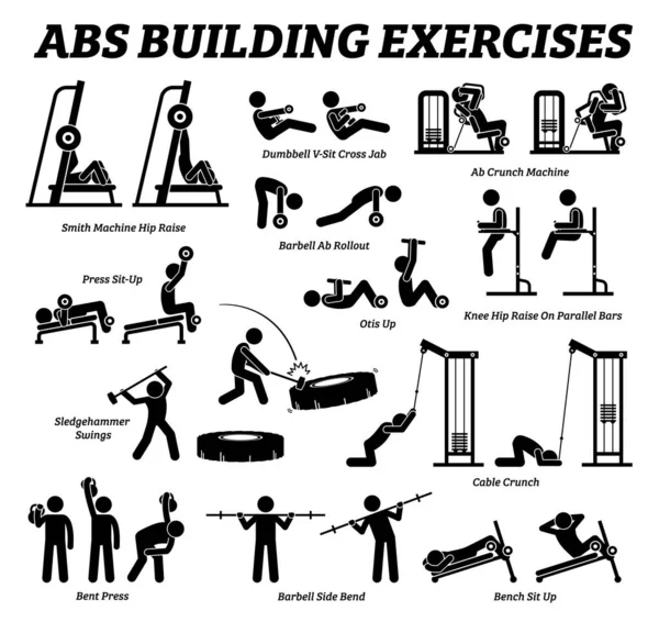 Abs and abdomen building exercise and muscle building stick figure pictograms. Set of weight training reps workout for abs and abdominal muscles by gym machine tools with instructions and steps. — Stock Illustration Abs Abdomen Building Exercise Muscle Building Stick Figure Pictograms Set Stock Vector