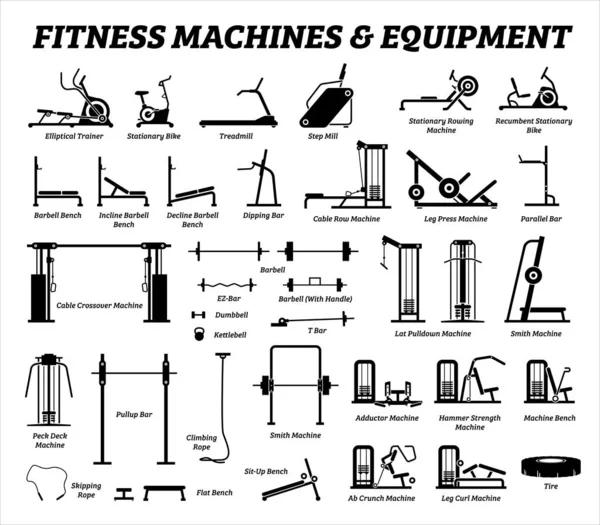 Fitness, cardio, and muscle building machines, equipments set at gym. Artworks depict a list of exercise workout tools, machines, and equipments in the gym room. — Stock Illustration Fitness Cardio Muscle Building Machines Equipments Set Gym Artworks Depict Stock Vector