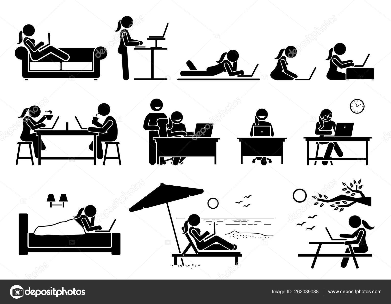 女人在不同的姿势姿势和地点使用计算机艺术品描绘了女孩在家里办公室咖啡馆海滩和室外公园使用笔记本电脑上网和浏览互联网的情景, image size:1600x1243