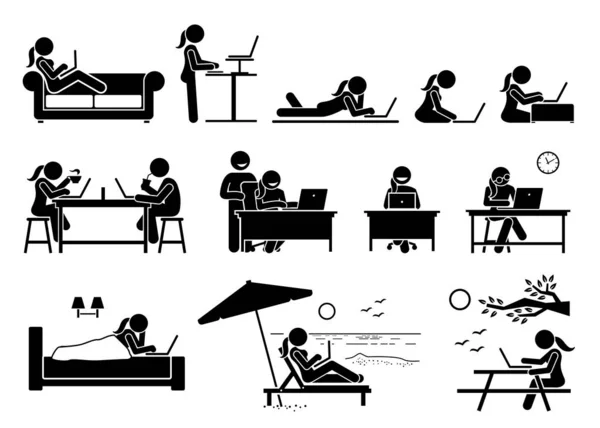 Woman using computer on different postures, poses, and places. Artwork depicts girl use a laptop to access and browse Internet at home, office, cafe, bedroom, beach, and outdoor park. — Stock Illustration Woman Using Computer Different Postures Poses Places Artwork Depicts Girl Royalty Free Stock Illustrations