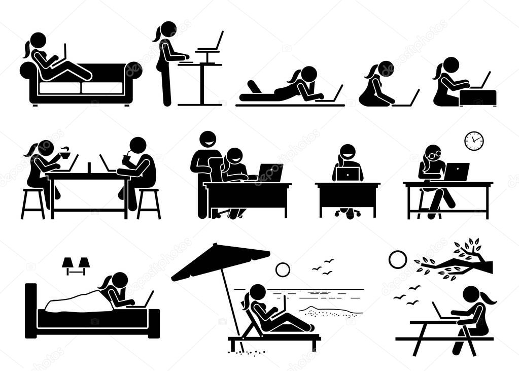 Woman using computer on different postures, poses, and places. Artwork depicts girl use a laptop to access and browse Internet at home, office, cafe, bedroom, beach, and outdoor park.