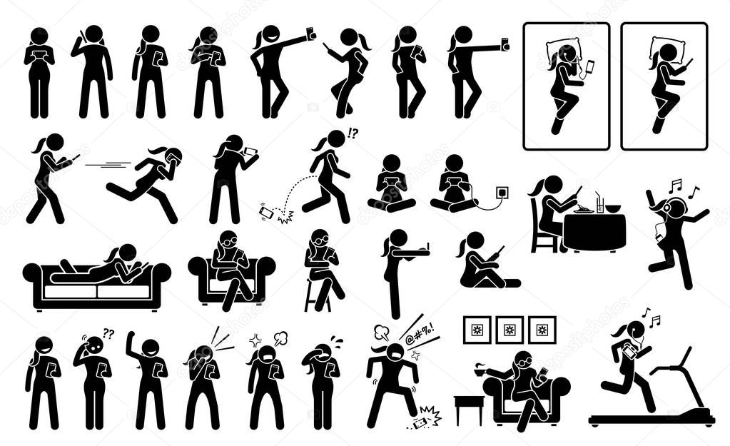 Woman using phone or smartphone in different poses, actions, emotions, reactions, and places. Artworks depicts a female stick figure using cellphone at bed, sofa, chair, restaurant, and gym room.