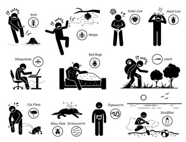 Insects and parasites attacking, biting, and stinging human. The icons, signs, and symbols depict ants, wasps, lice, mosquitoes, bugs, leech, fleas, mites, worms, and sand flies bite and sting people. clipart