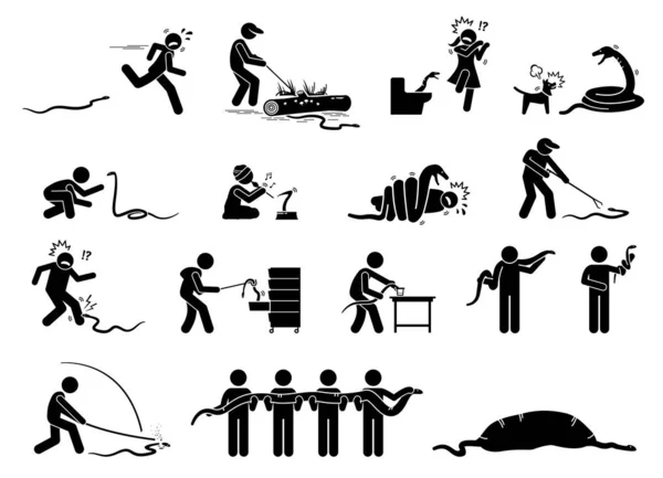 人类和蛇象形文字图标 图例描绘了人们害怕 吞食和杀死蛇 — 图库矢量图片