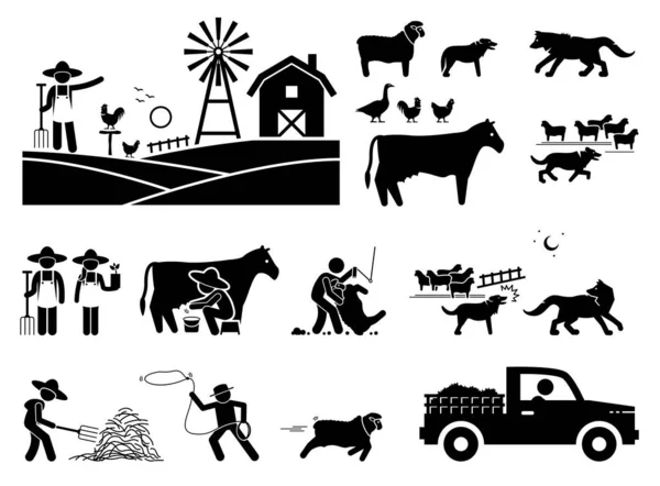 Traditional Farmer Lifestyle Barn Stick Figure Illustrations Depict Farmer Animals — Stock Vector