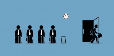 Oda dışında bekleyen iş görüşmesi adayları ve kapıdan yürüyen bir aday. Vektör sanat kavramı iş işe alım, işe alma, istihdam, iş görüşmesi ve kariyer fırsatı tasvir. 