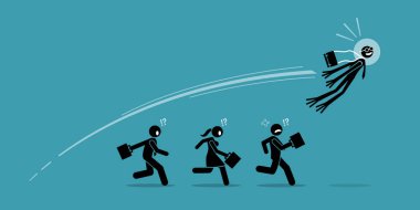 İşadamı kurbağa dönüşür ve bir sıçrama tüm rakipleri üzerinde atlamak. Vektör sanat kavramı iş Leapfrog, overtake, ilerleme, başarı yenilik, atılım ve kazanan tasvir. 