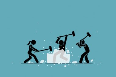 Ice breaking or icebreaker activity, game and event. Vector artwork of a group of people using sledgehammer to break a large ice. Concept of knowing each member and warm up for participants meeting. clipart