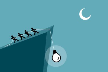 İnsanlar ip kullanarak uçurumdan düşmekten fikir çekiyorlar. Vektör resmi, ekip çalışması, takım işbirliği, çaba, işbirliği ve birlikte çalışma kavramını betimle.