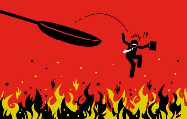 Out of the frying pan and into the fire. Vector artwork concept depicts a businessman making mistake by trying to get out from danger but fell into a far worse situation.  clipart