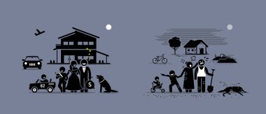 Karşılaştırma ve zengin ve fakir aile arasındaki fark. Vektör sanat konsepti zengin zengin ve yoksul insanların yaşam devletleri ve yaşam tarzları zıt illüstrasyonlar tasvir. 