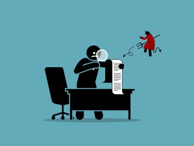 The devil is in the details. Vector artwork showing a man checking a document or agreement with a magnifying glass in details.  clipart