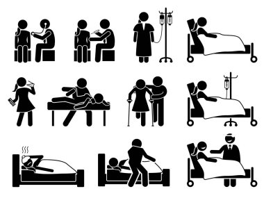 Hasta, hastalık ve yaralanma tedavisi, ilaç ve hastane ve evde kadın için rehabilitasyon. Stick figürleri kadın vücut kontrolü, hastane hastası, iv damla, enjeksiyon ve fizyoterapi tasvir.