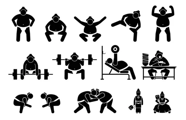 日本相扑选手图标象形文字 图片说明相扑选手的站立姿势 饮食和摔跤姿势 — 图库矢量图片