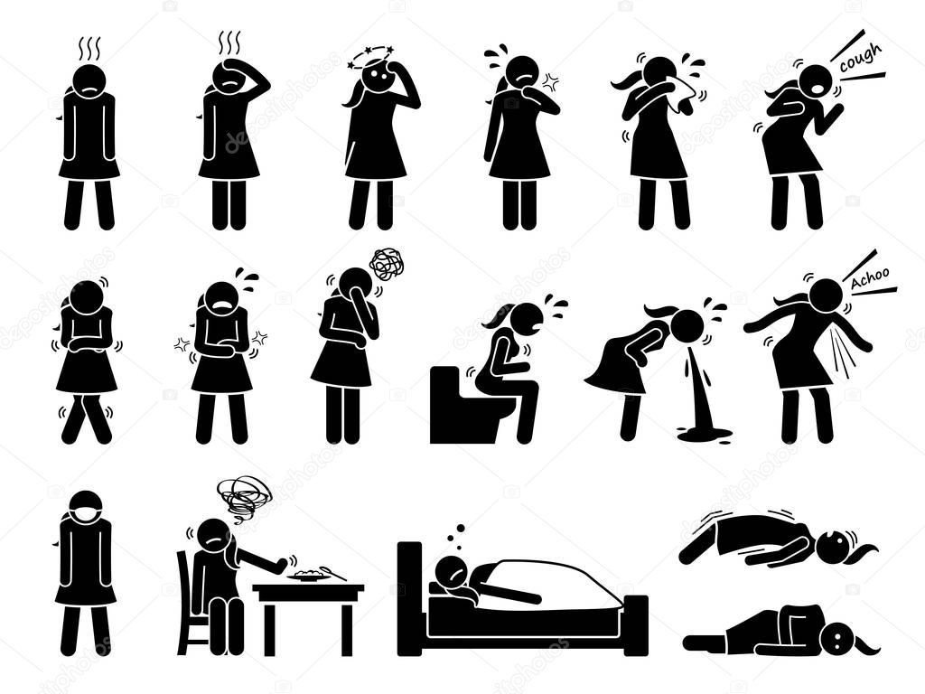 Woman sick, ill, flu, disease, and influenza virus signs and symptoms. Stick figure pictogram icons depict a female having cold, fever, dizzy, sore throat, coughing, shivering, vomiting, and seizure.