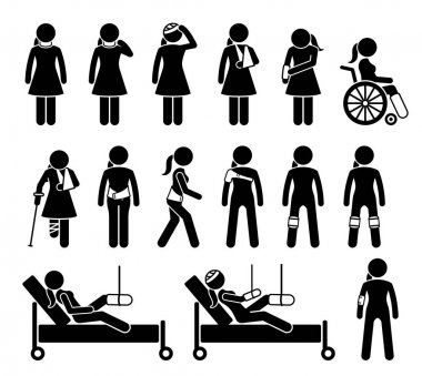 Ortopedi tıbbi ürünleri kazadan dolayı ağrı ve vücut yaralanmalarına destek veriyor. İkonalar arasında boyun destek tasması, kafa bandajı, kırık kol askısı, sırt ağrısı kemeri, diz koruyucusu ve atel yer alıyor.. 