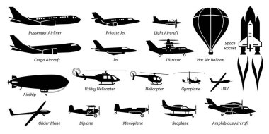List of different airplane, aircraft, aeroplane, plane and aviation icons. Artwork show airliner, jet, light aircraft, cargo plane, airship, helicopter, space rocket, biplane, monoplane, and seaplane. clipart