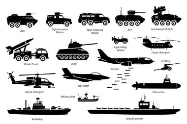 Askeri savaş araçları, ulaşım ve makine simgesi seti. Sanatsal çalışmalar askeri zırhlı araç, tank, füze kamyonu, bombardıman uçağı, saldırı helikopteri, jet uçağı, savaş gemisi, tekne, gemi ve denizaltı tasvir ediyor..