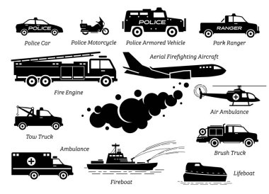 List of emergency response vehicles icon set. Artwork depicts police car, police motorcycle, armored vehicle,  fire engine, ambulance, lifeboat, helicopter, tow truck and aerial firefighting aircraft. clipart