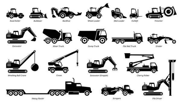 Liste Des Véhicules Construction Tracteurs Machines Lourdes Icônes Sideview Œuvres — Image vectorielle