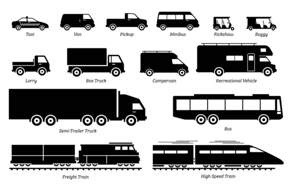 Lista Ícones Transporte Veículos Comerciais Ilustrações Obras Arte Retratam Transporte — Vetor de Stock