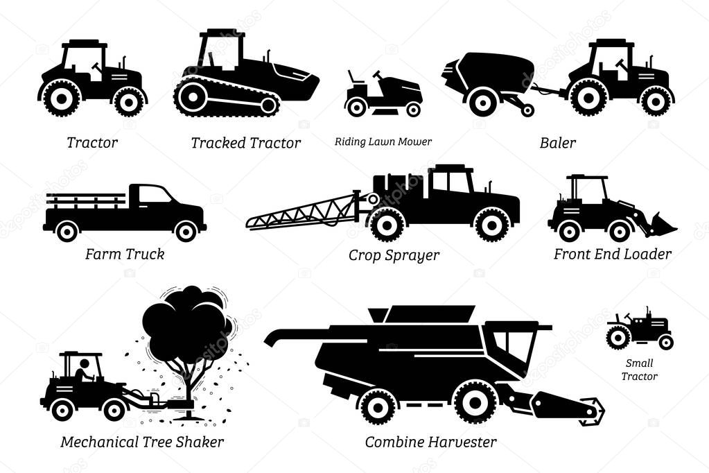 List of agriculture farming vehicles, tractors, trucks, and machines. Illustrations depict tractor, lawn mower, baler, farm truck, crop sprayer, front end loader, tree shaker, and combine harvester.