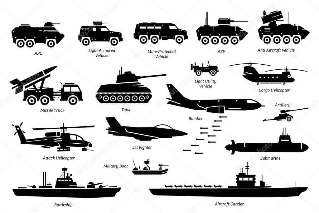 Military combat vehicles, transportation, and machine icon set. Artwork depicts army armored vehicle, tank, missile truck, bomber, attack helicopter, jet fighter, warship, boat, ship, and submarine.
