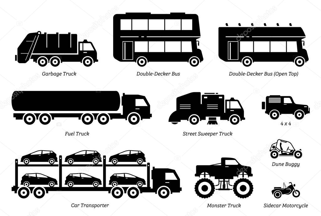 List of special purpose vehicles icon set. Side view artwork of garbage truck, double decker bus, fuel truck, street sweeper, 4wd, car transporter, monster truck, dune buggy, and sidecar motorcycle.