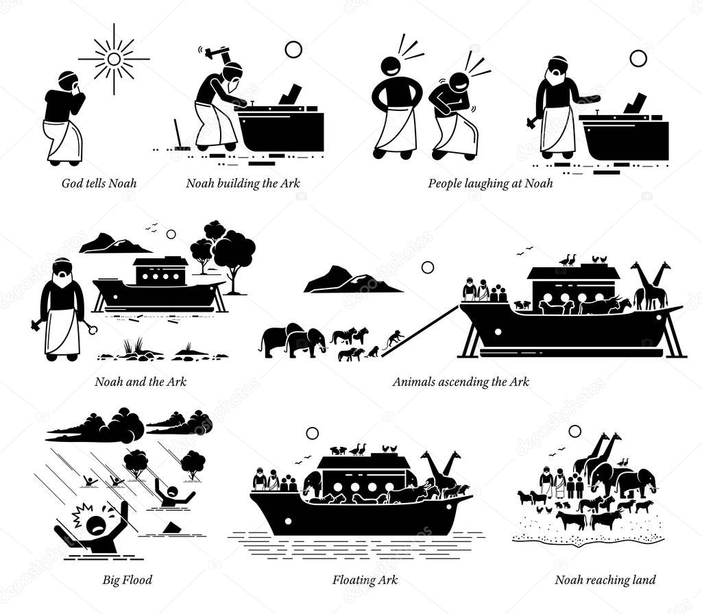 Noah Ark Christian Bible Story. Illustration artwork of Noah building the Ark to save animals before the big flood by God. 