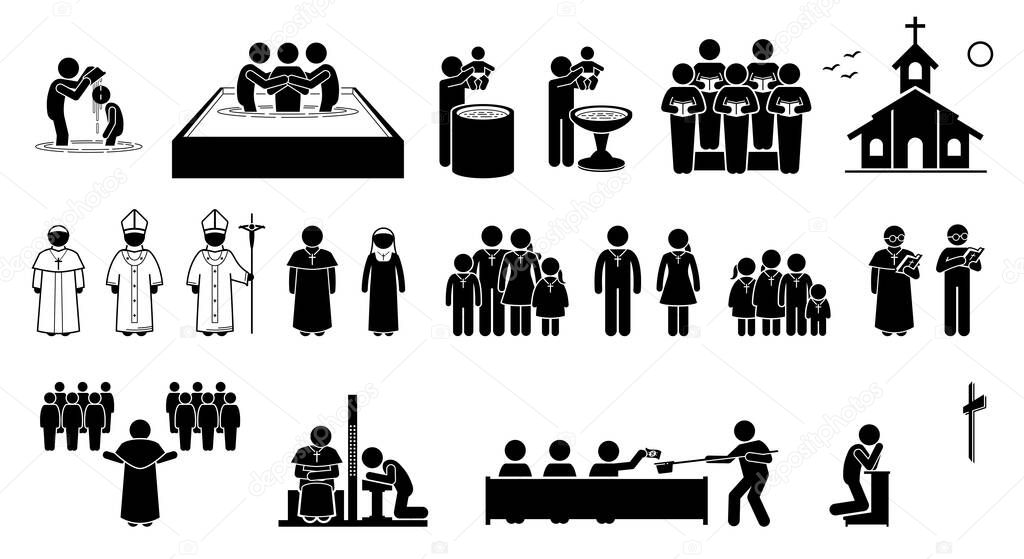 Christian religion practices and activities in church stick figures icons. Vector artwork of pope, priest, pastor, nun, and Christians followers. Cliparts of baptism, holy mass, confession and prayer.