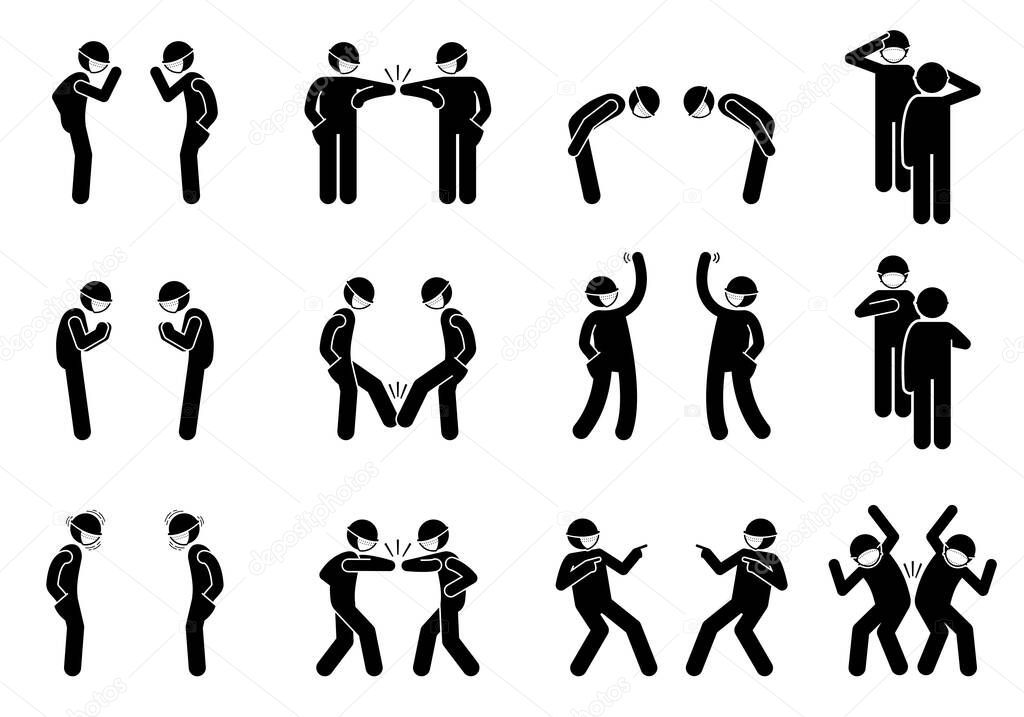 Handshake shaking hands alternatives on pandemic coronavirus Covid-19. Vector stick figure of elbow bump, waving hand, bow, salute, foot tap, nameste, hand over heart, pointing finger, and hip bump.