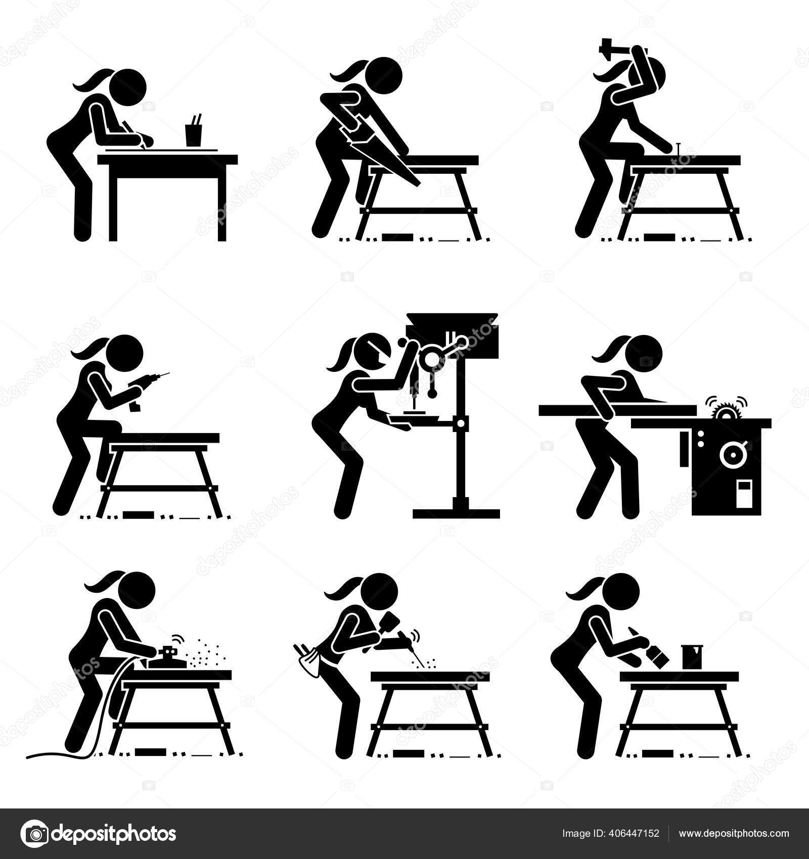 Female Carpenter Making Wooden Craft Industrial Tools Equipment Stick