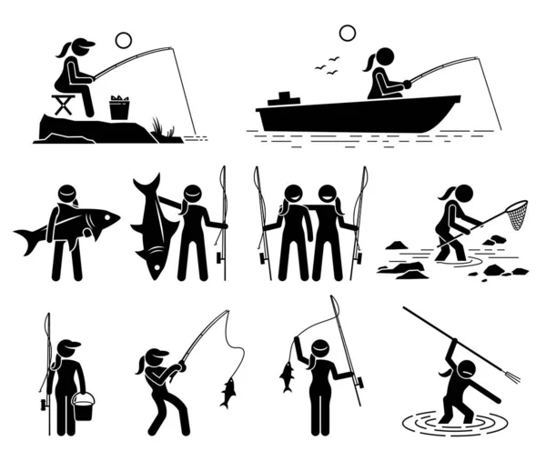 女性の釣りや川 海で魚を捕まえる 釣り竿 槍を使って魚を捕る女性を表すベクトルアイコン — ストックベクタ