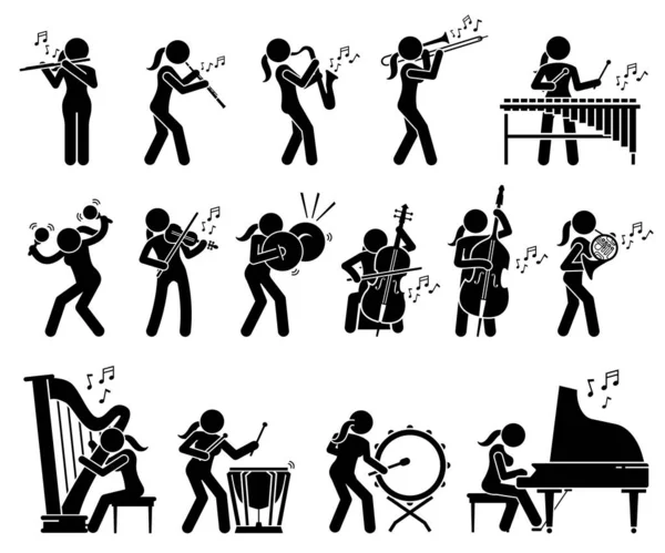Músico Femenino Tocando Música Con Instrumentos Musicales Iconos Figuras Percusión — Archivo Imágenes Vectoriales