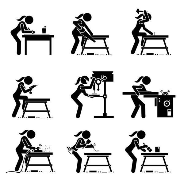 Female carpenter making wooden craft with industrial tools and equipment stick figure icons. Vector illustrations of a skillful woman working in a workshop or carpentry mill. 