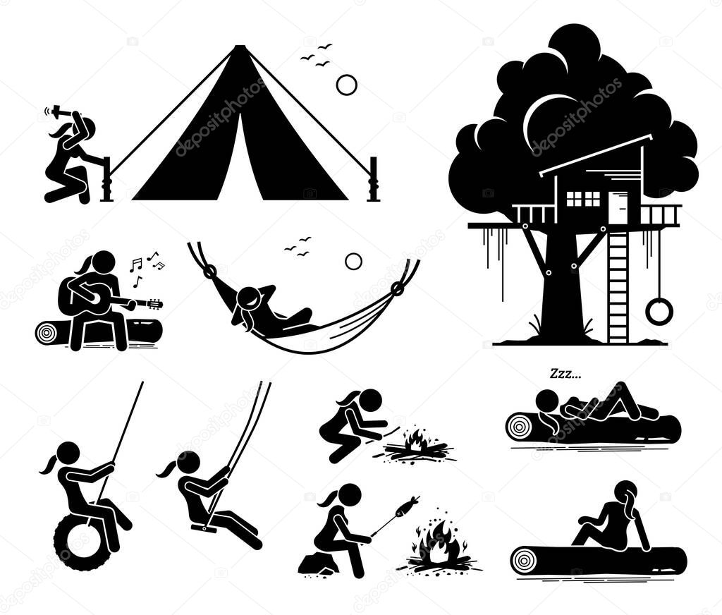 Woman recreational pursuit at outdoor stick figure icons. Vector artwork of a woman making a campsite, tent, fire, sitting on a log, resting on hammock, and having fun by the tree house.