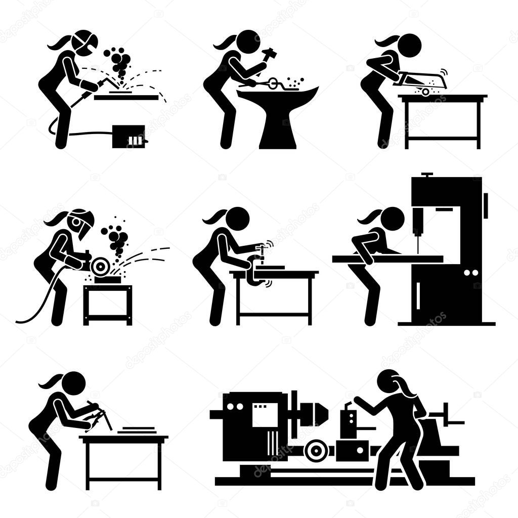 Female metal worker making iron craft with industrial tools and equipment stick figure icons. Vector illustrations of a skillful woman working in a steel workshop or foundry mill. 