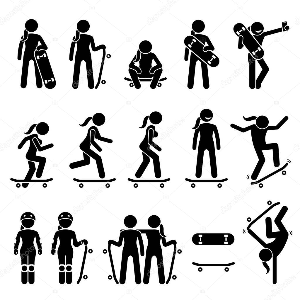 Female skater skating on skateboard stick figure icons. Vector illustrations of girl skateboarder poses, postures, and actions while playing skateboard. 