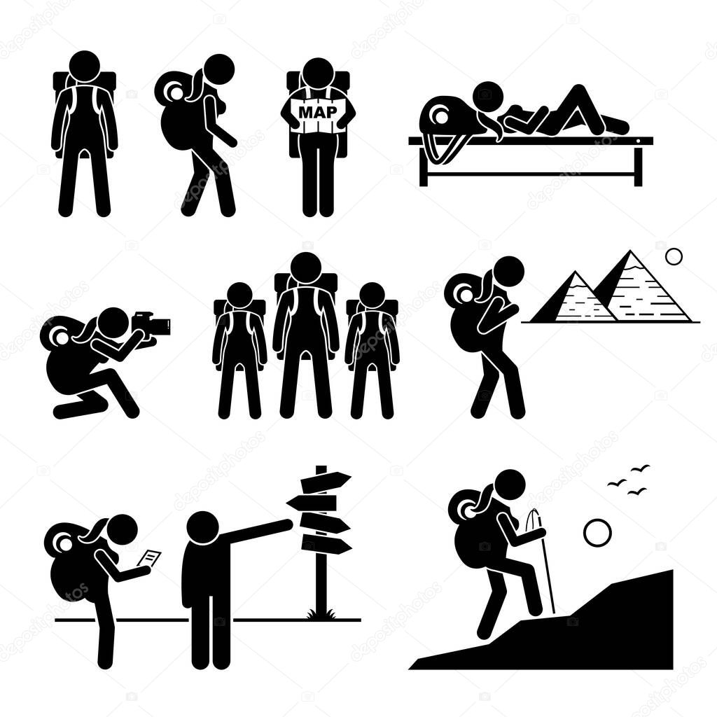 Female traveler with backpack going outdoor adventure stick figure icons. Vector illustrations depicts a tough independent woman travelling alone by reading map, taking pictures, and climbing mountain.