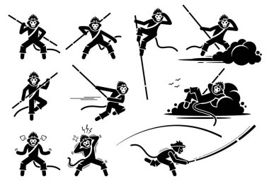 Maymun Kral veya Sun Wukong karakter simgesi seti. Efsanevi maymun Son Goku hareketlerinin, hareketlerinin ve duygularının temsilci çizimleri..