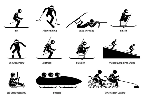 障害者アスリートのための障害のある冬のスポーツやゲームは数字アイコンを固執する スキー スノーボード バイアスロン アイスそりホッケー 身体障害者用車いすカーリングのベクトルシンボル — ストックベクタ